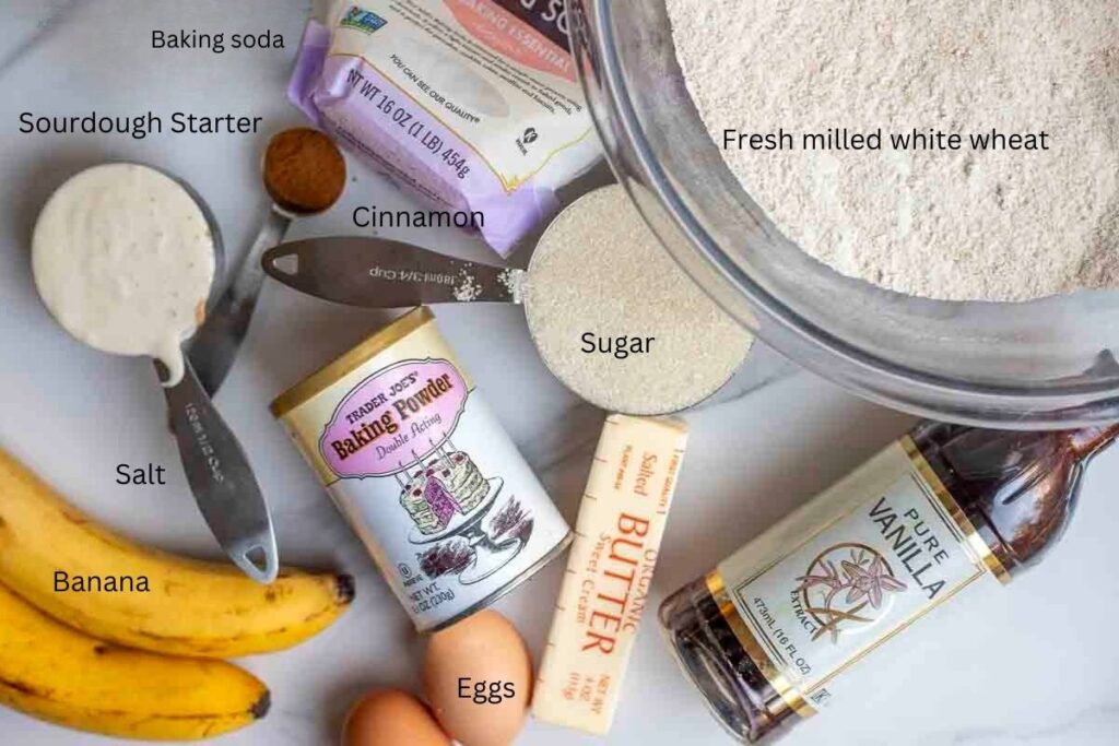 sourdough banana bread ingredients laid out on a countertop.