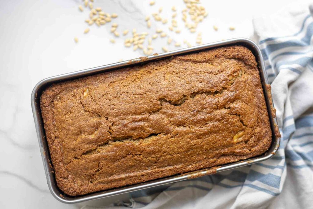 whole wheat sourdough banana bread in a loaf pan.